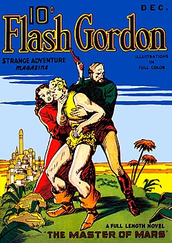 Dale Arden, Flash Gordon y el profesor Zarkov representados en una portada de diciembre de 1936