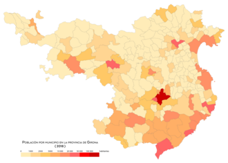Mapa de población por municipio en Gerona