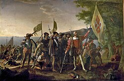 Pintura histórica que representa la llegada de Cristóbal Colón a América