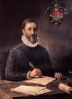 Retrato ilustrativo de Gonzalo Jiménez de Quesada escribiendo obras literarias