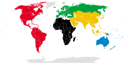 Mapa de distribución mundial de los comités olímpicos nacionales por continentes