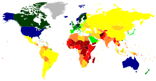 Mapa mundial que muestra la distribución del PIB nominal per cápita según datos del Banco Mundial.