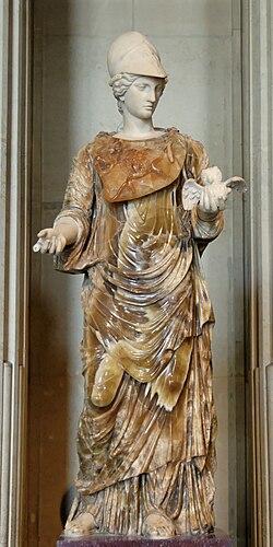 Estatua clásica de Minerva con casco y un pequeño búho