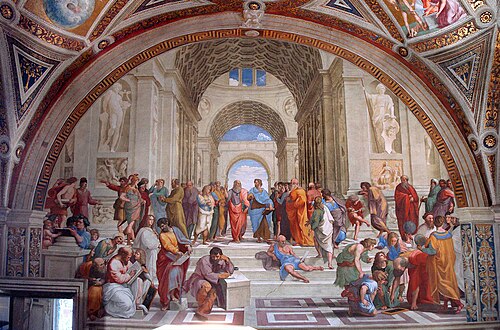 La Escuela de Atenas, fresco ubicado en el Vaticano que representa a destacados filósofos de la antigüedad.