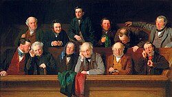 Pintura antigua que muestra a un grupo de personas reunidas como jurado británico en 1861.
