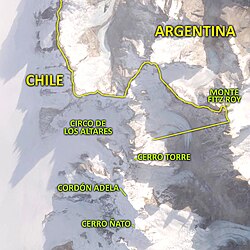 Mapa detallado del límite no demarcado cerca del cordón Torre