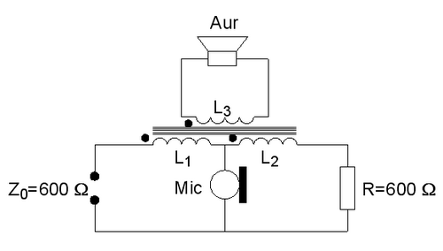 Esquema de un circuito de conversación simplificado con transformador híbrido