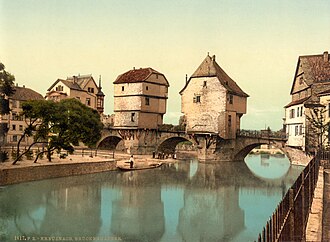 Litografía del puente viejo en Bad Kreuznach datada alrededor de 1900