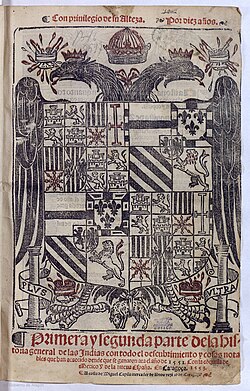 Portada de la edición de Zaragoza de 1553 de la Historia general de las Indias.