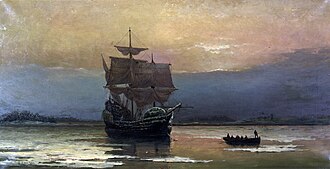 Pintura histórica que representa al barco Mayflower navegando cerca de la Bahía de Plymouth