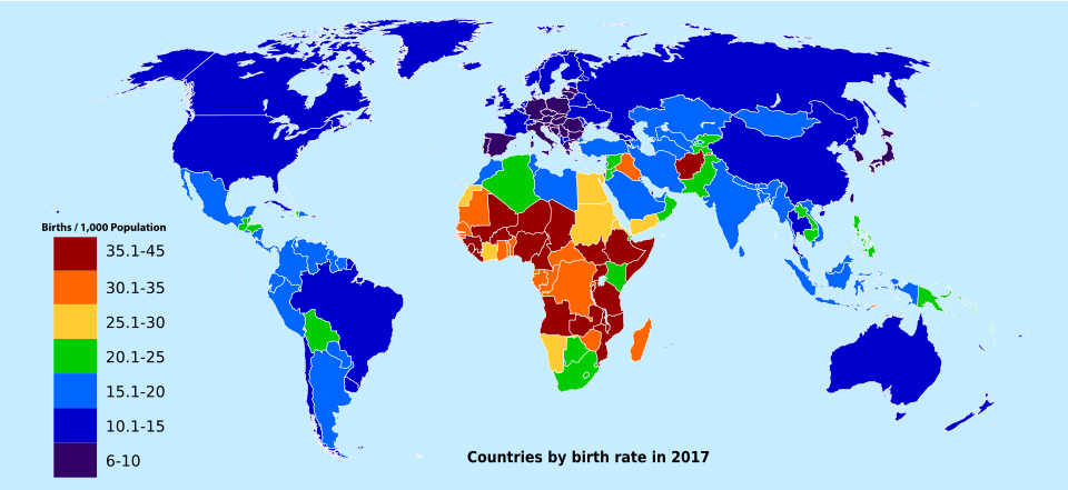 Mapa mundial de países según su tasa bruta de natalidad en 2017