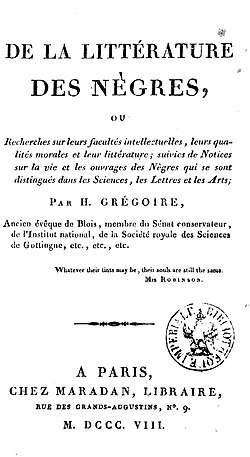 Portada del libro De la littérature des nègres publicado en 1808