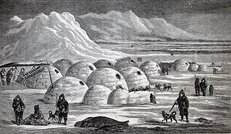 Aldea inuit de iglús en la isla de Baffin en una ilustración de 1865