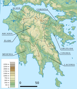 Mapa de las regiones del Peloponeso en la Antigüedad