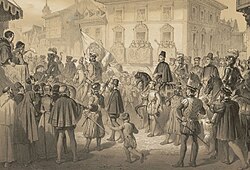 Litografía del siglo XIX representando el traslado a Madrid de la Corte por Felipe II en 1561.