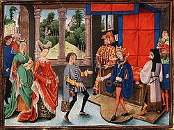 Miniatura histórica medieval que representa un episodio vinculado a Pipino de Heristal