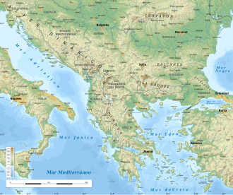 Mapa físico de la península balcánica