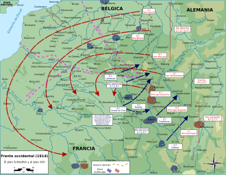 Mapa del Plan Schlieffen y las contraofensivas francesas previstas en el Plan XVII