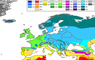 Mapa de clasificación climática de Köppen en Europa