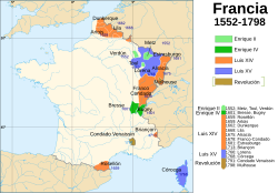 Mapa histórico de la expansión territorial de Francia entre 1552 y 1798