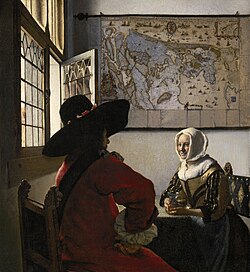 Pintura Militar y muchacha riendo de Johannes Vermeer