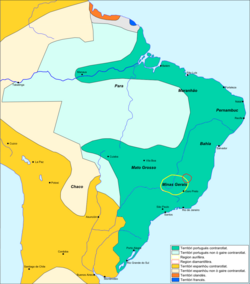 Mapa de la colonia del Brasil hacia 1790 mostrando el territorio controlado e inexplorado.