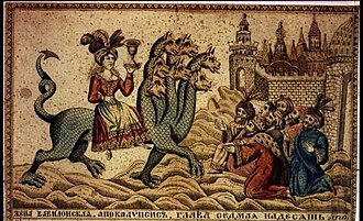 Pintura rusa del siglo XIX que muestra a la ramera de Babilonia sobre la bestia.