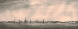 Grabado histórico de la Bahía de San Julián en 1740