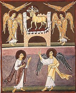 Folio del Apocalipsis Bamberg que muestra al Cordero con el libro de los siete sellos.