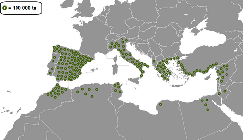 Mapa de producción total de aceitunas por país en la cuenca mediterránea