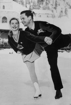 Barbara Ann Scott y Hans Gerschwiler realizando una práctica antes de los Juegos Olímpicos de Sankt-Moritz 1948.