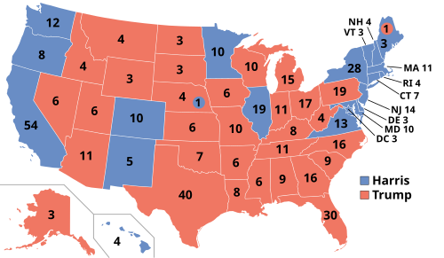 Mapa del Colegio Electoral que muestra los resultados de las elecciones presidenciales de Estados Unidos de 2024.