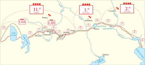 Posiciones de las unidades de los Imperios centrales en el frente de Macedonia el 15 de septiembre de 1918