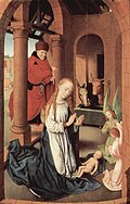 Virgen post-Brígida arrodillada con José sosteniendo una vela