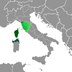 Mapa de distribución de las variedades de la lengua toscana