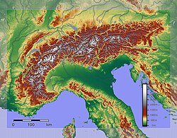 Mapa orográfico detallado de la cordillera de los Alpes