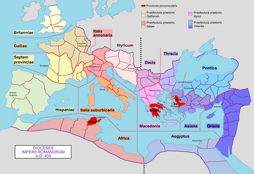 Representación cartográfica de la subdivisión provincial tras las reformas de Diocleciano.