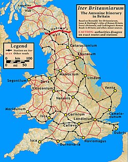 Mapa de las calzadas romanas de Britania según diversas fuentes históricas