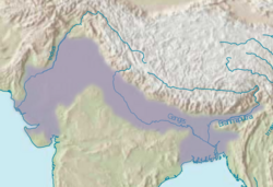 Mapa de situación que muestra la extensión de la llanura indogangética en el sur de Asia.
