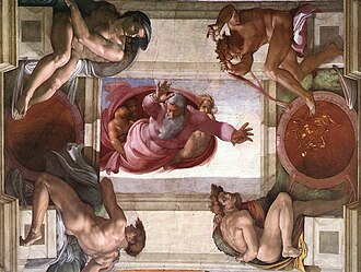 Separación de los cielos y la tierra por Miguel Ángel en la Capilla Sixtina.