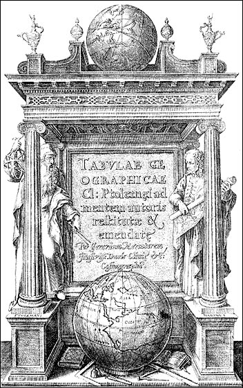 Ptolomeo y Marino representados en la portada de una edición de 1578 de la obra de Gerardo Mercator