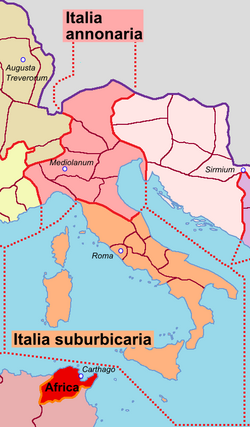 Esquema de la partición de la Diócesis Italiae entre dos vicarios