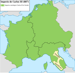 Mapa de la división del imperio en 887
