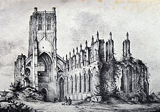Litografía antigua de las ruinas de la iglesia de Saint-Bertin en 1850