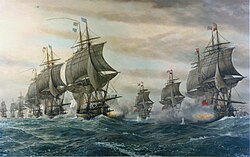 Barcos de Francia y Gran Bretaña intercambiando disparos durante la Batalla de Chesapeake en 1781