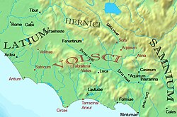 Representación histórica y geográfica general asociada al territorio de los volscos en la Italia central