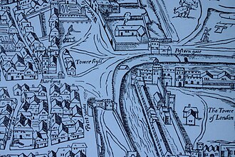 Representación cartográfica antigua de Tower Hill en el mapa Woodcut de Londres, alrededor de 1561