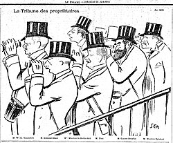 Caricatura titulada La tribuna de los propietarios de Georges Goursat en 1910.