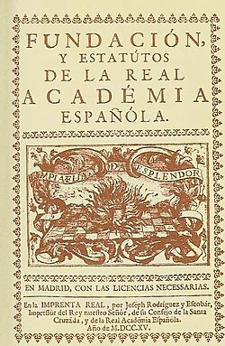 Portada de la primera edición de los estatutos de la RAE de 1715