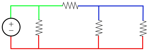 Representación de un circuito donde cada nodo está distinguido mediante un color diferente.
